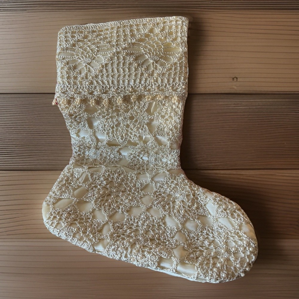 Vintage Ivory Beige Lace‎ Satin Crocheted Christmas Holiday Stocking 17"